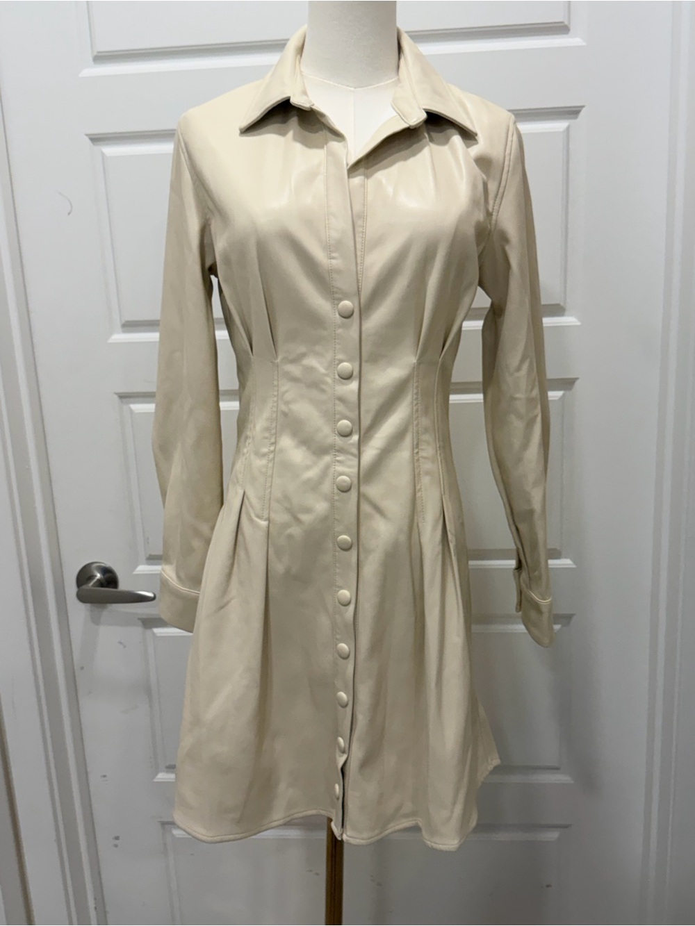 Heartloom Tai Faux Leather Cream Button-Front Long Sleeve Shirt Dress